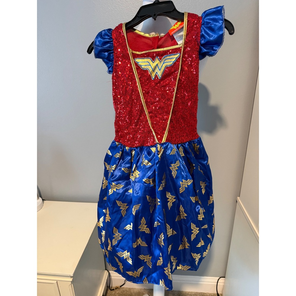 Wonder Woman Girls Costume Dress Red Sequined Blue Logo Skirt Large 12-14